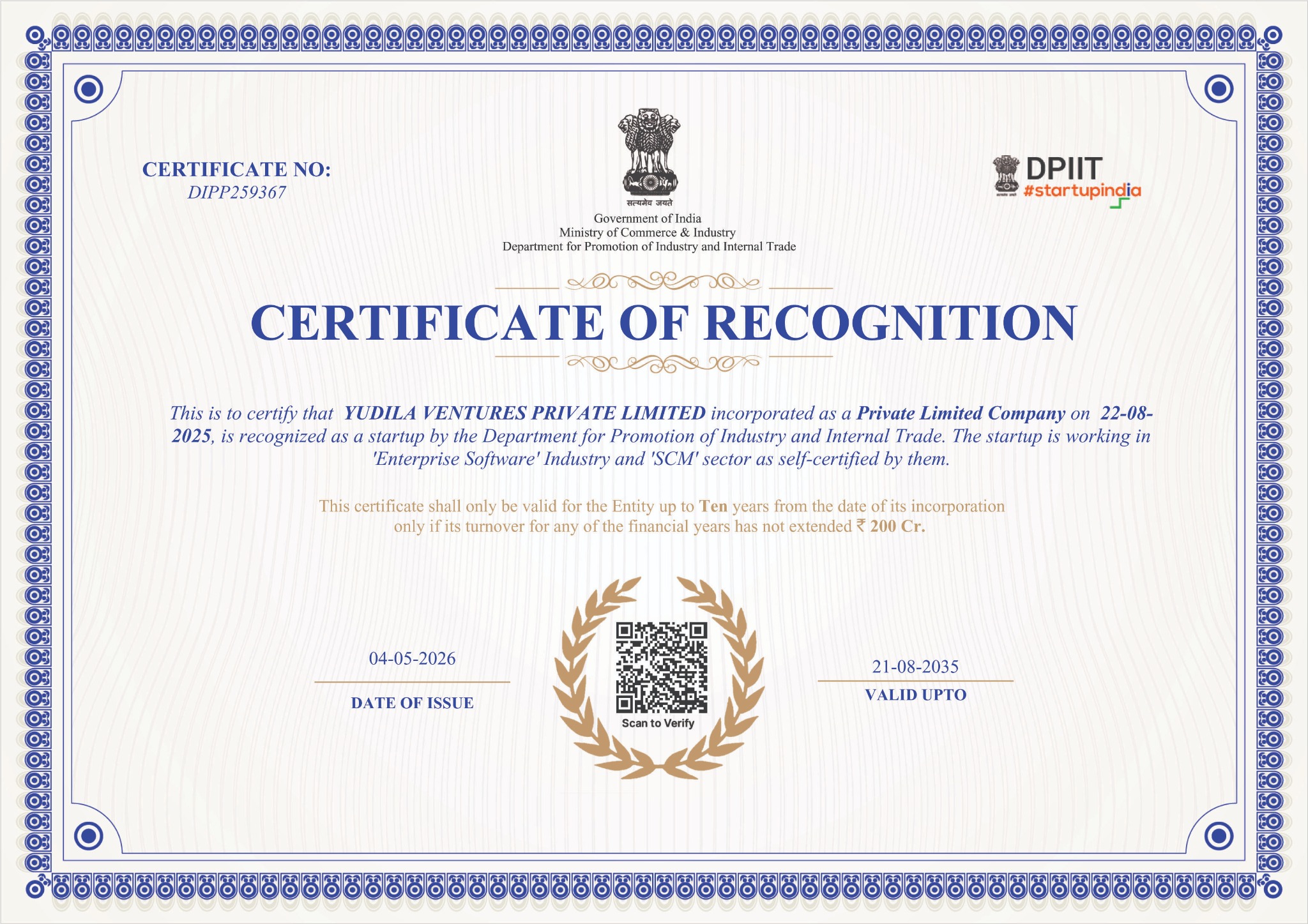 Startup India DPIIT Certificate